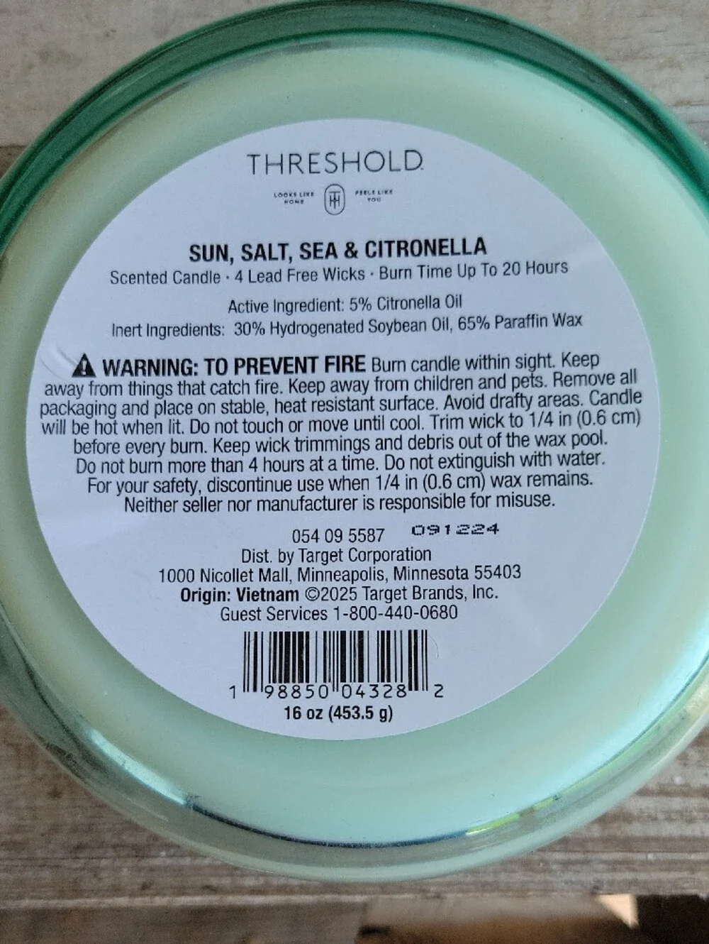 Threshold Seafoam Green Glass 3-Wick Candle Citronella Sun, Salt, Sea